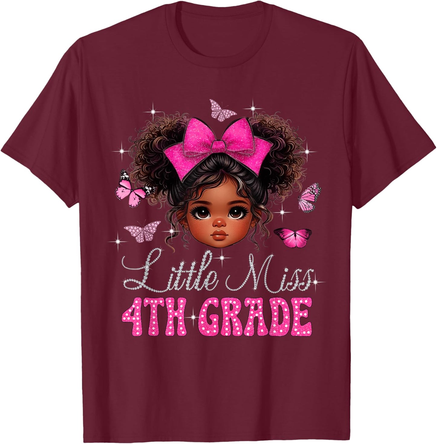 Little Miss 4th Grade Messy Bun Black Girls Back To School T-Shirt - T-Shirt | Maroon