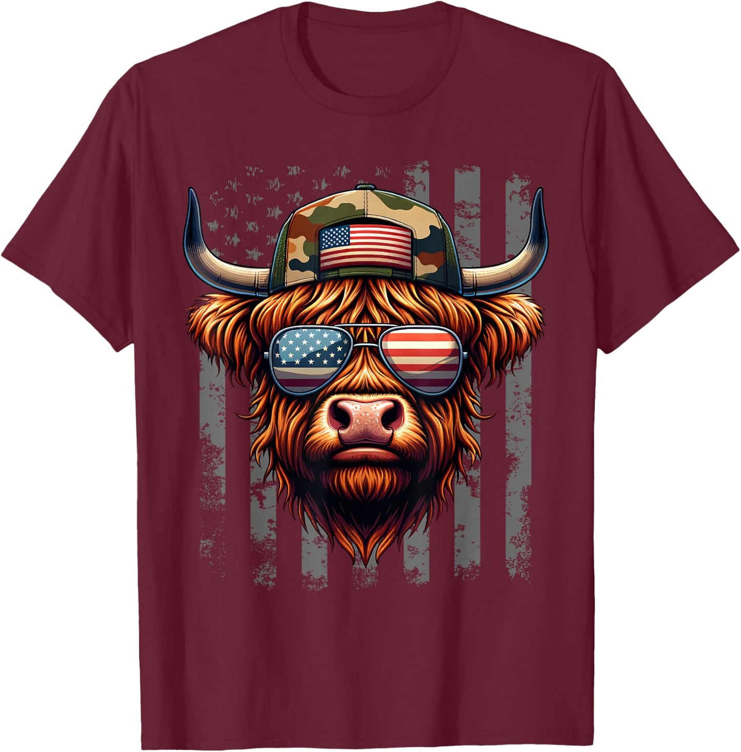 Highland Cow 4th July USA Flag Dad Father America Men Boys T-Shirt - T-Shirt | Maroon