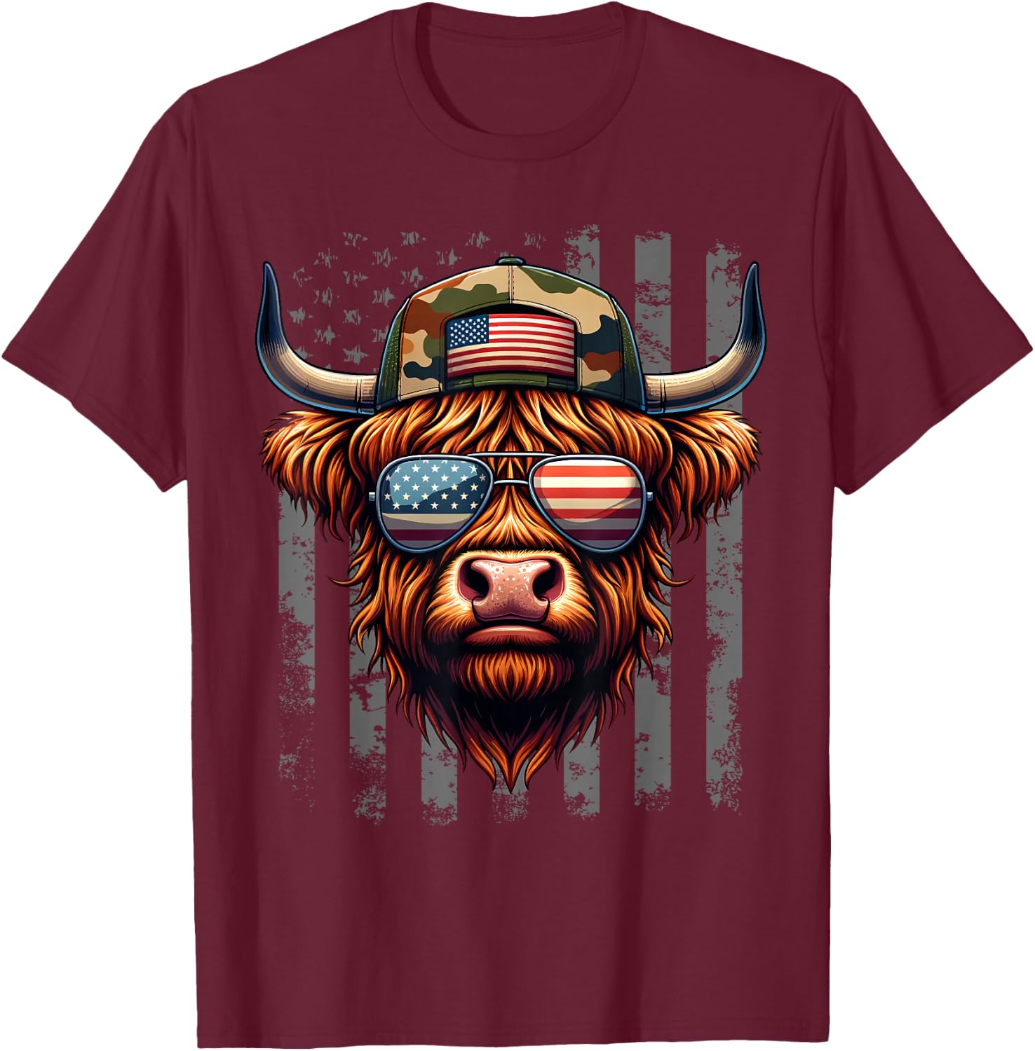 Highland Cow 4th July USA Flag Dad Father America Men Boys T-Shirt - T-Shirt | Maroon