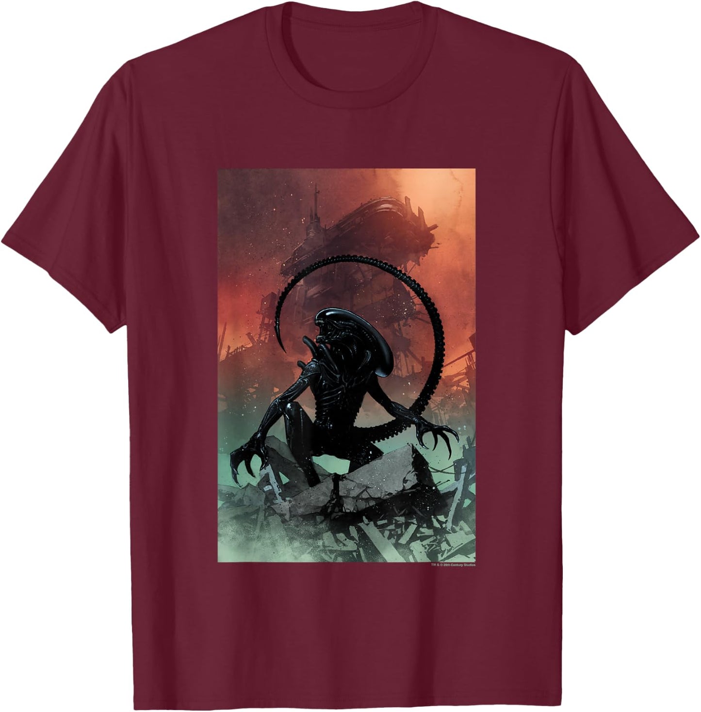 Aliens Iconic Xenomorph Around Destruction Big Chest Poster T-Shirt - T-Shirt | Maroon