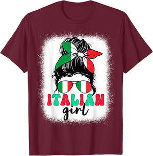 Italian Girl Messy Bun Italy Flag Patriotic Women Kids T-Shirt - T-Shirt | Maroon