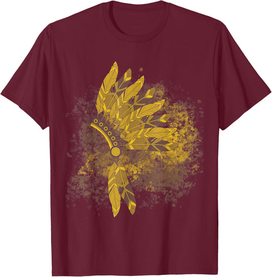 Native American Feather Headdress Indian Chief Tribes Pride T-Shirt - T-Shirt | Maroon