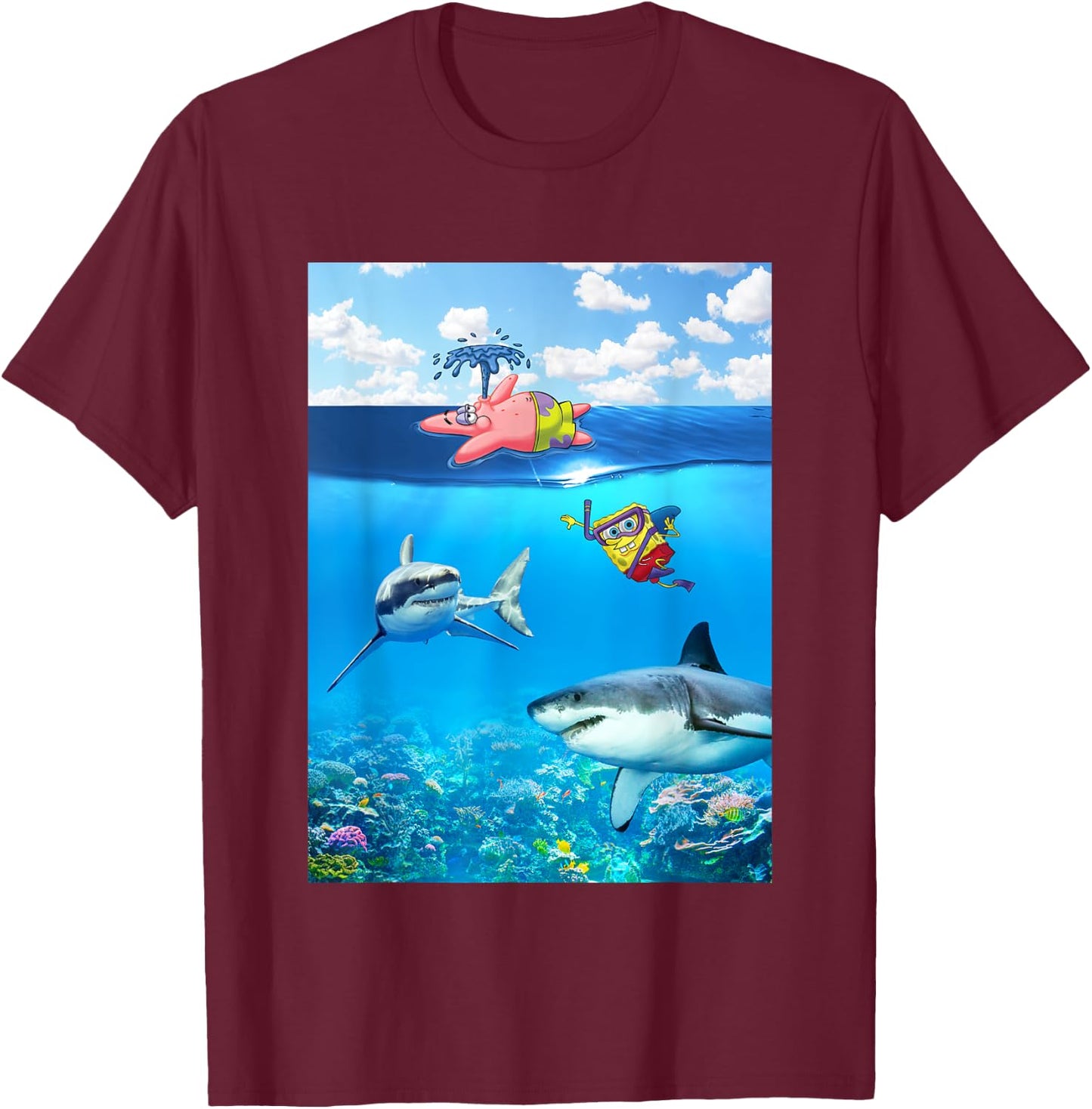 SpongeBob SquarePants & Patrick Swimming With Sharks T-Shirt - T-Shirt | Maroon