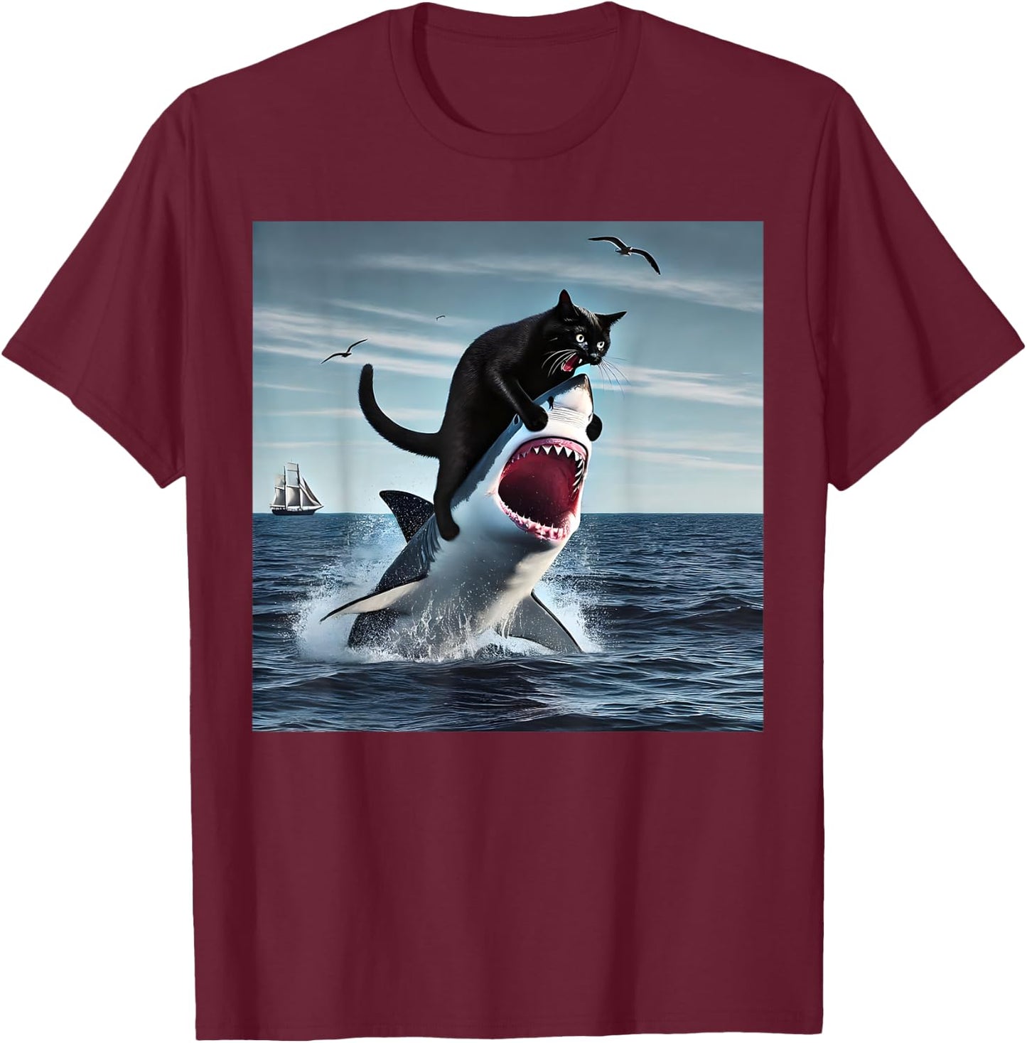 funny Art & Cat Lover Quote Cat Biting Shark Cool Black Cat Men Women T-Shirt - T-Shirt | Maroon