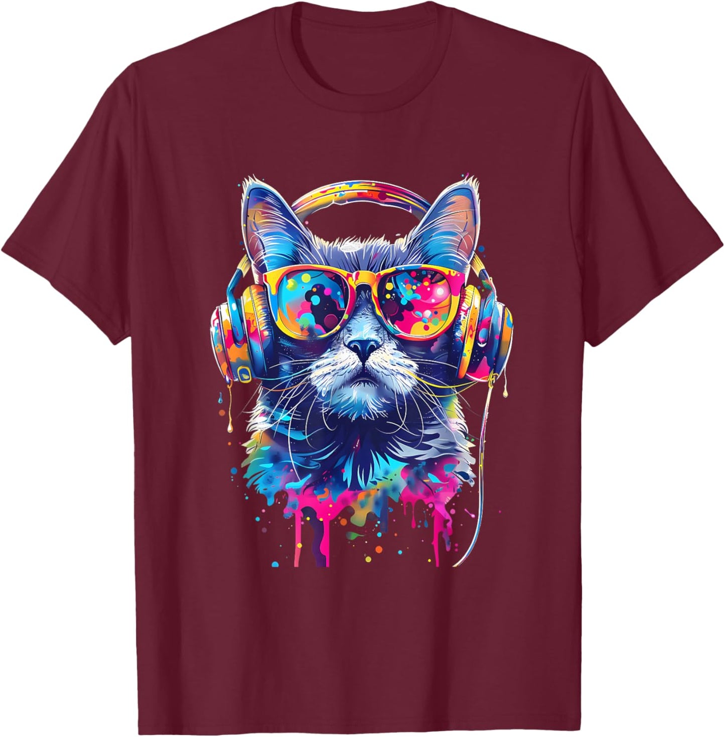 DJ Cat Music Headphones Beatmaker EDM Cat Music DJ Splash T-Shirt - T-Shirt | Maroon