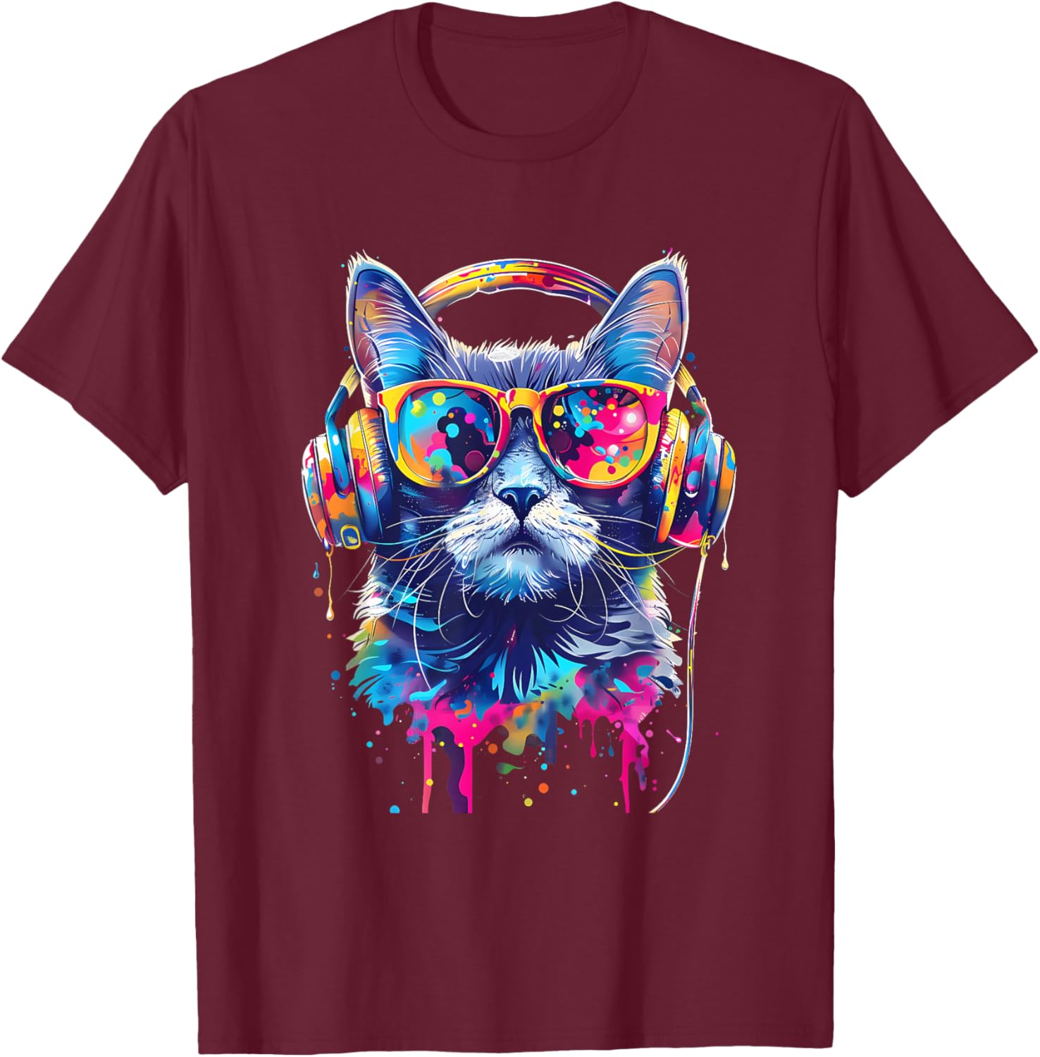 DJ Cat Music Headphones Beatmaker EDM Cat Music DJ Splash T-Shirt - T-Shirt | Maroon