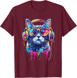 DJ Cat Music Headphones Beatmaker EDM Cat Music DJ Splash T-Shirt - T-Shirt | Maroon