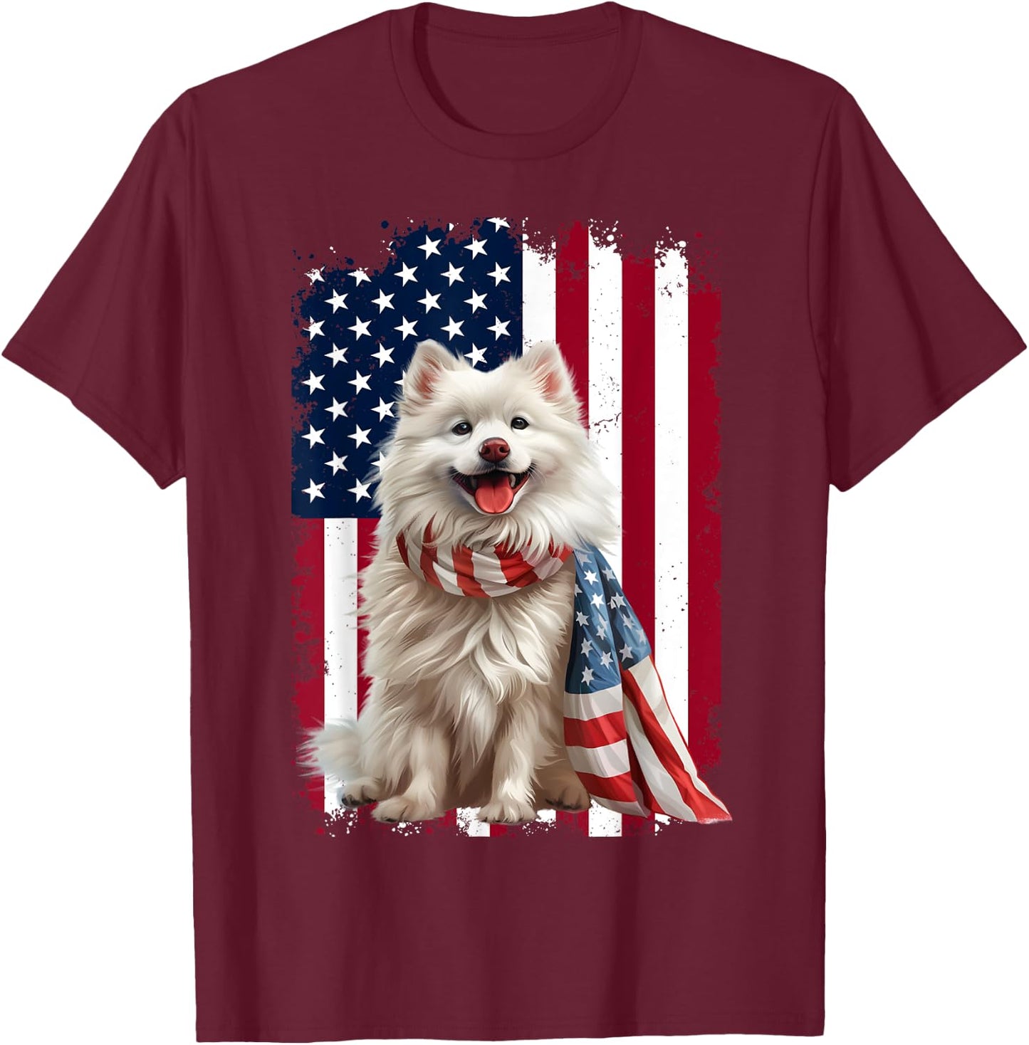 American Eskimo Dog American Flag 4th Of July Eskimo Lovers Women Kids Men T-Shirt - T-Shirt | Maroon