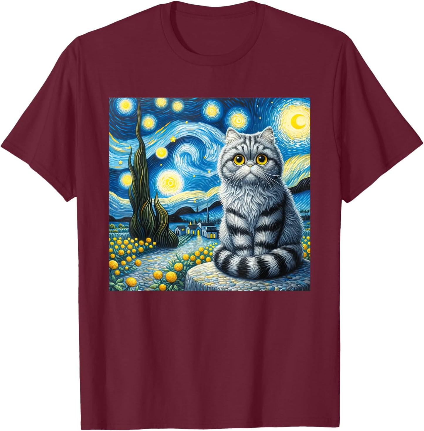 Cute Cat Van Gogh Starry Night Art painting Artistic T-Shirt - T-Shirt | Maroon