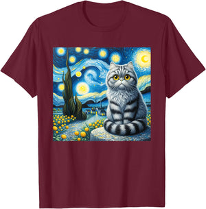 Cute Cat Van Gogh Starry Night Art painting Artistic T-Shirt - T-Shirt | Maroon