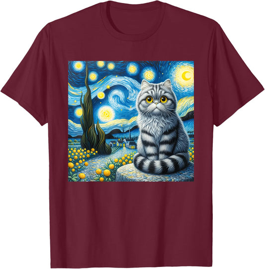 Cute Cat Van Gogh Starry Night Art painting Artistic T-Shirt - T-Shirt | Maroon