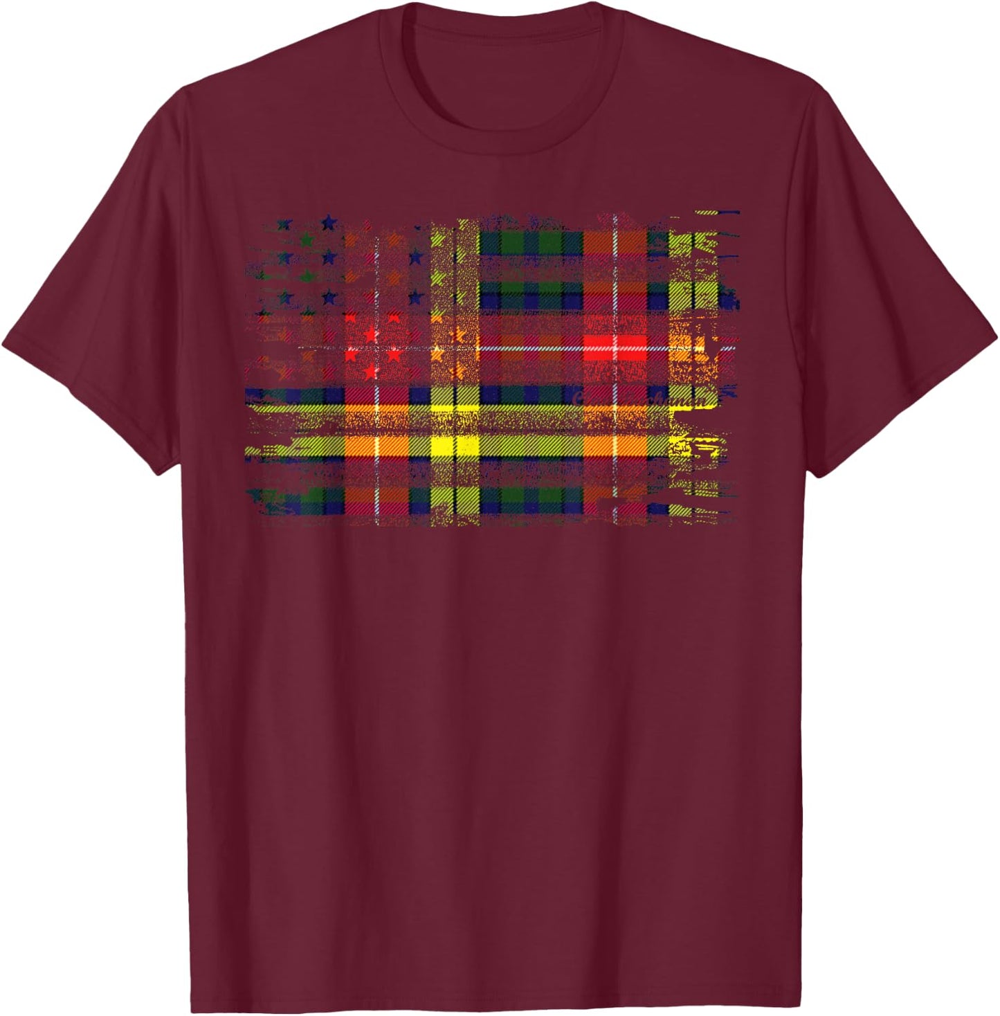 Clan Buchanan American Flag Scottish Tartan T-Shirt - T-Shirt | Maroon