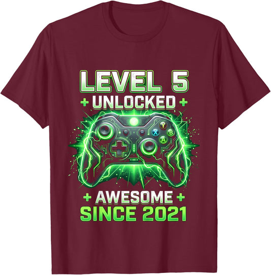 Kids Level 5 Unlocked Awesome Since 2021 5th Birthday Boy Gamer T-Shirt - T-Shirt | Maroon