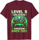 Kids Level 5 Unlocked Awesome Since 2021 5th Birthday Boy Gamer T-Shirt - T-Shirt | Maroon