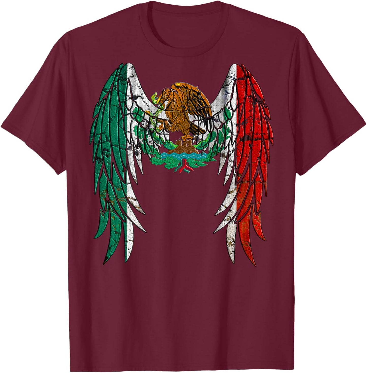 Mexican Flag Distressed Angel Wings T-Shirt - T-Shirt | Maroon