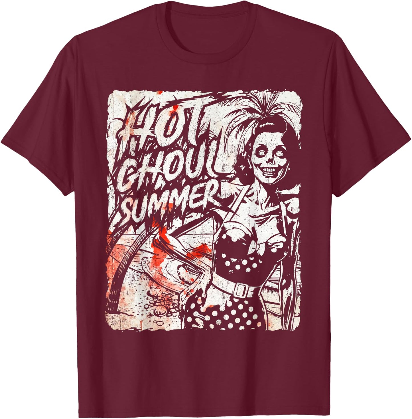 Vintage Hot Ghoul Summer Vibes Halloween Beach Lover Spooky T-Shirt - T-Shirt | Maroon