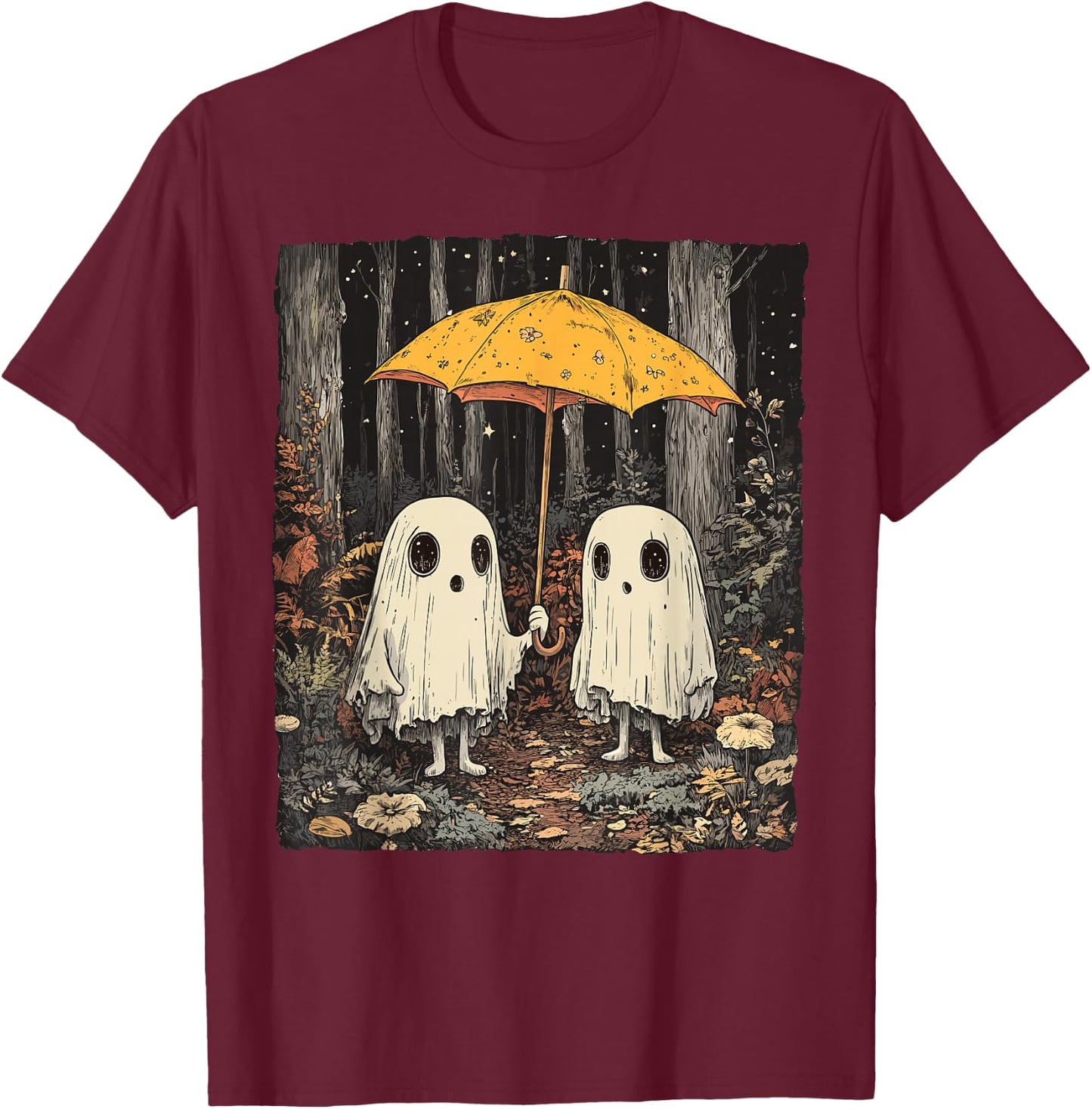 Vintage Floral Ghost Halloween Ghost in the Forest Gothic T-Shirt - T-Shirt | Maroon