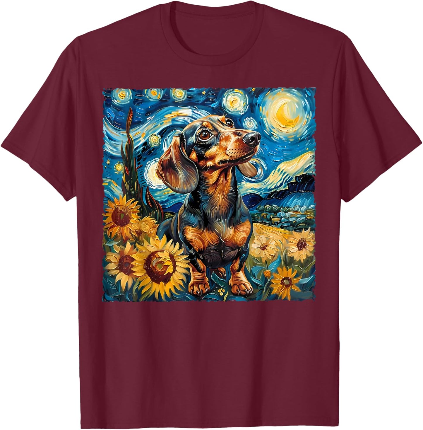 Van Gogh Style Funny Brown Dachshund Lover Starry Night Art T-Shirt - T-Shirt | Maroon