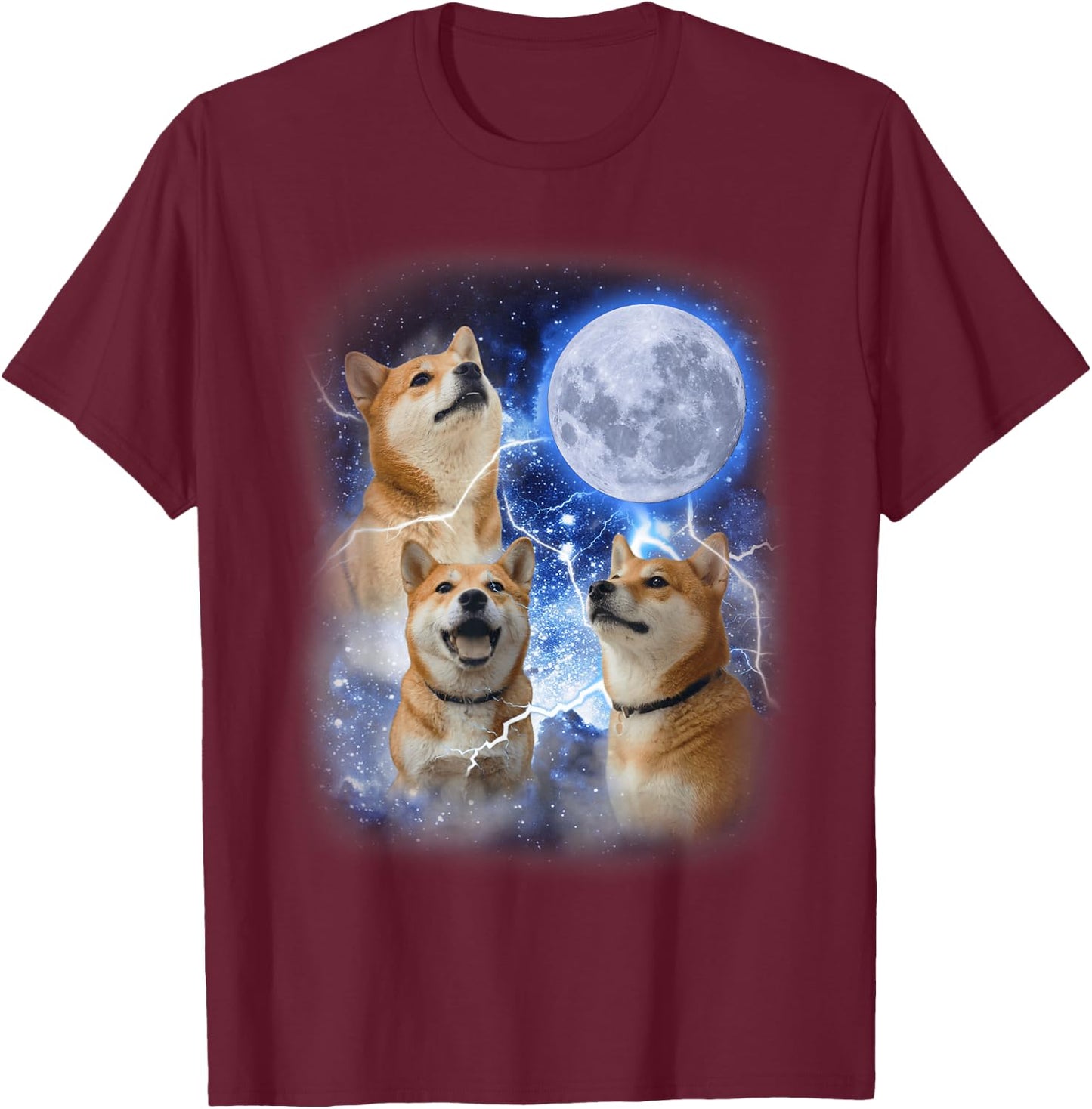 Three Shiba Inu Moon - 3 Doge Funny Cute Dog Meme Parody T-Shirt - T-Shirt | Maroon
