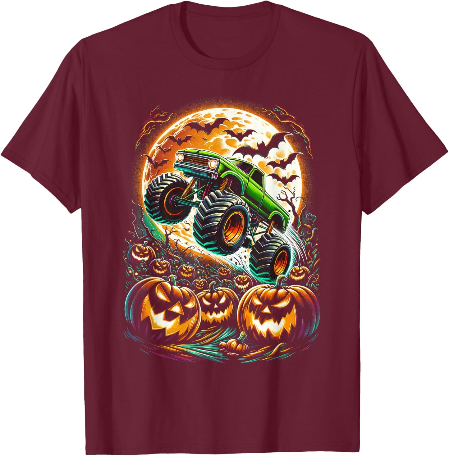 Halloween Monster Truck Jack O Lantern Boy Trick Treat T-Shirt - T-Shirt | Maroon