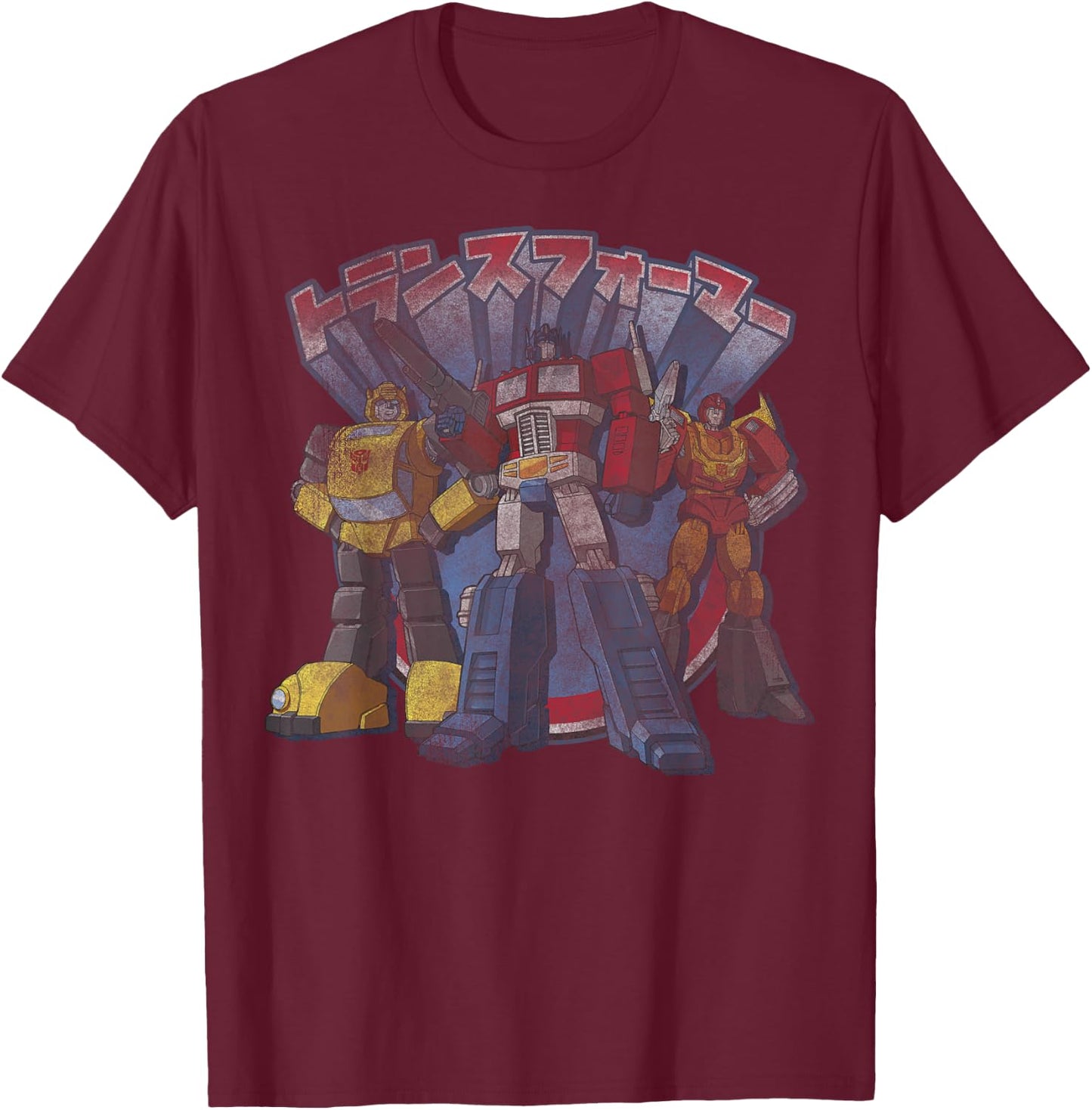 Transformers Retro Distressed Kanji Autobots Group Poster T-Shirt - T-Shirt | Maroon