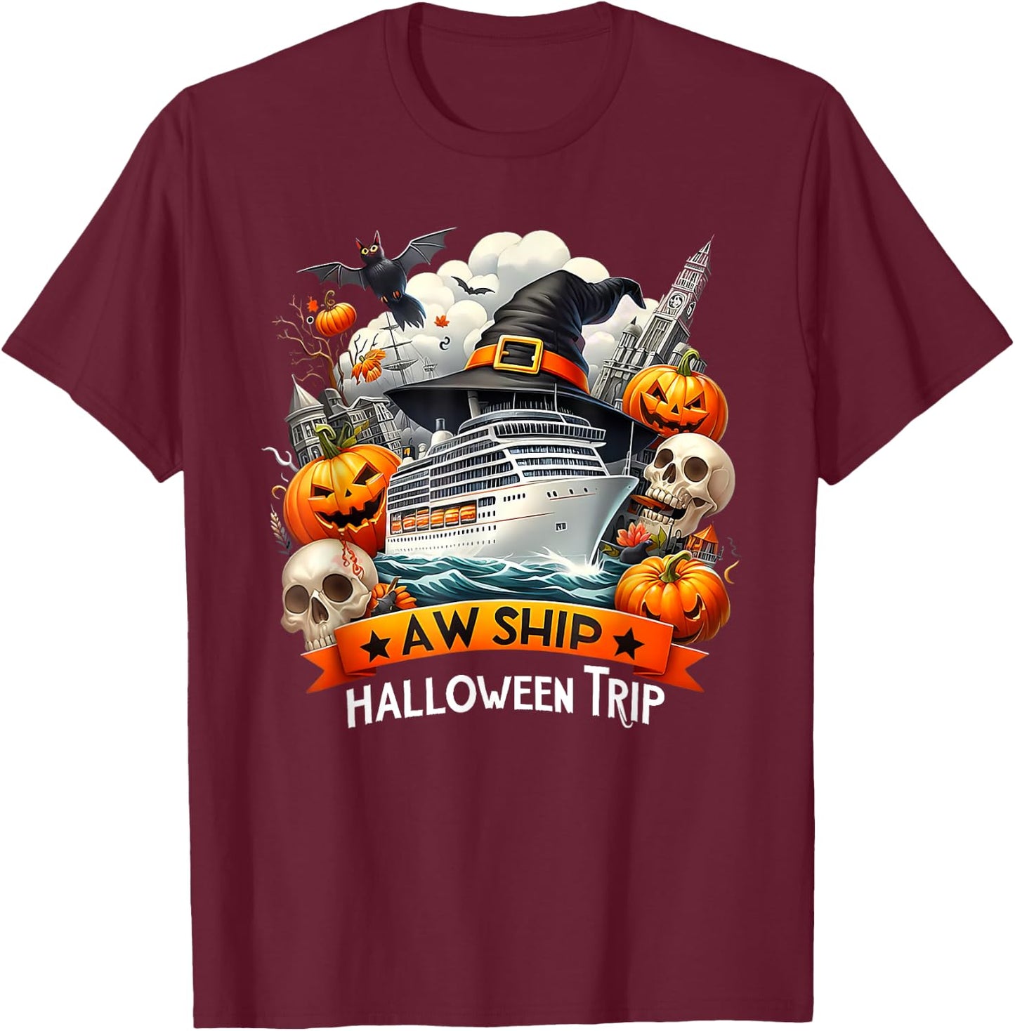Aw Ship Halloween Trip Family Cruising Crew Cruise Squad T-Shirt - T-Shirt | Maroon