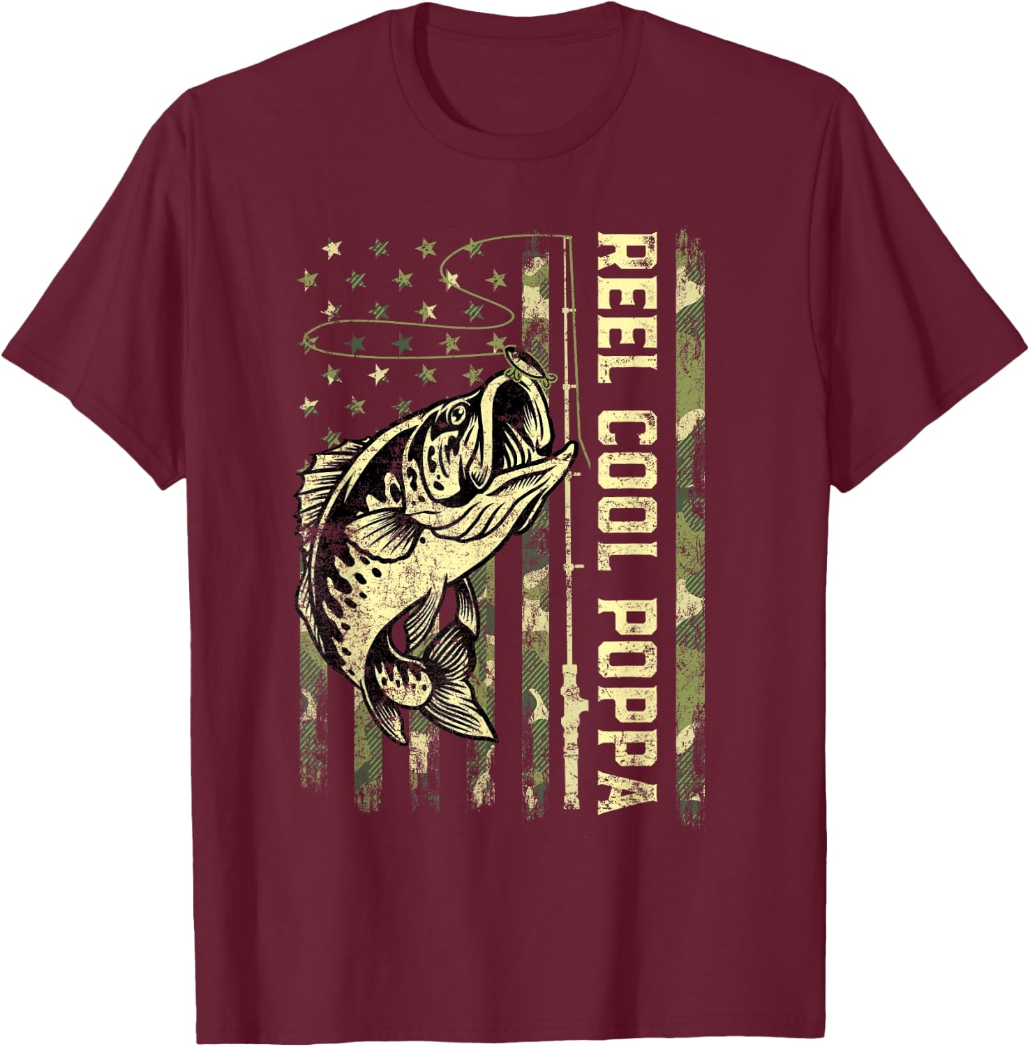 Reel Cool Poppa Fisherman Camouflage Father's Day T-Shirt - T-Shirt | Maroon