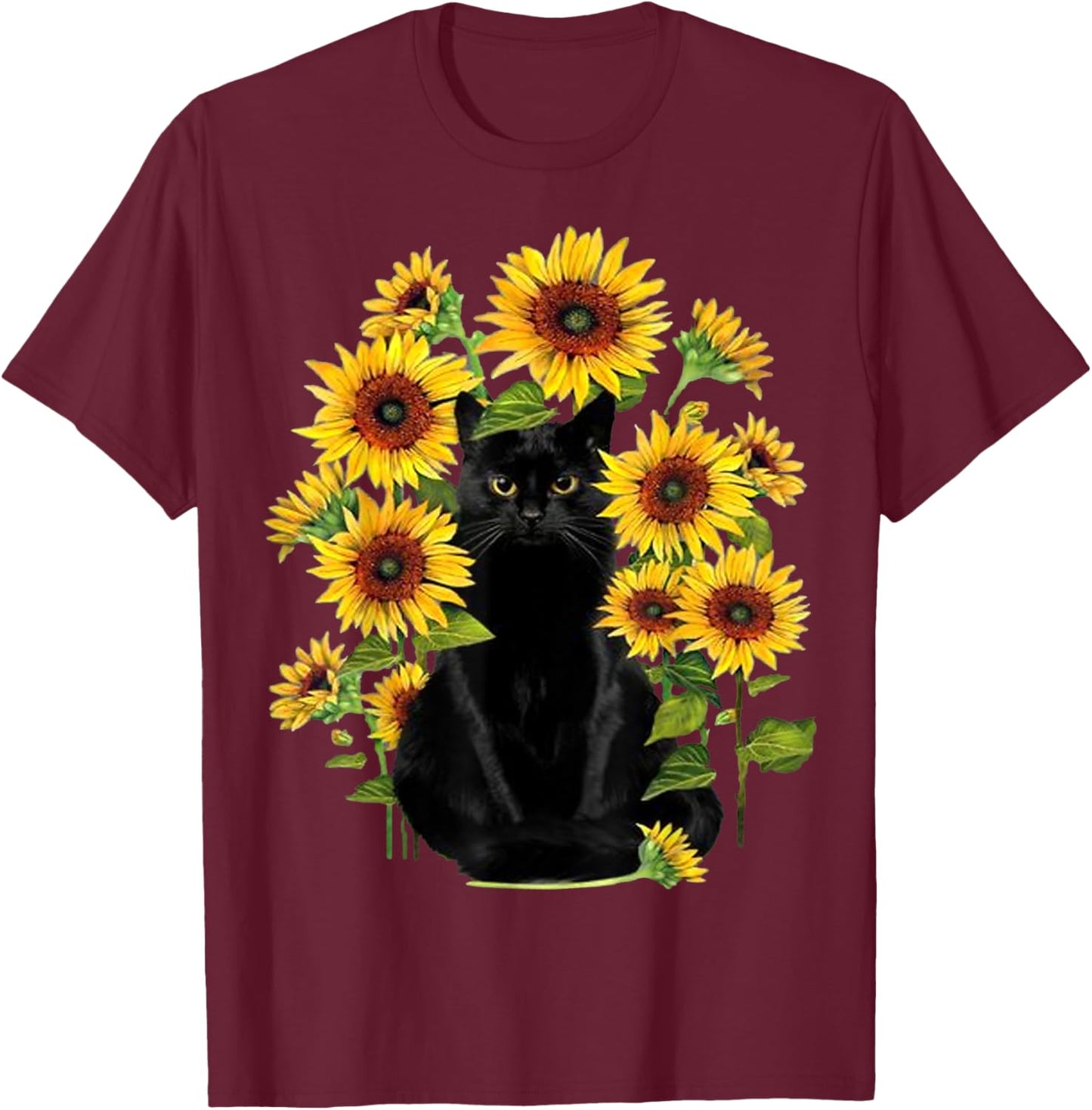 Black Cat Kitten Sunflower Funny Cute Cat Pet Sunflower T-Shirt - T-Shirt | Maroon