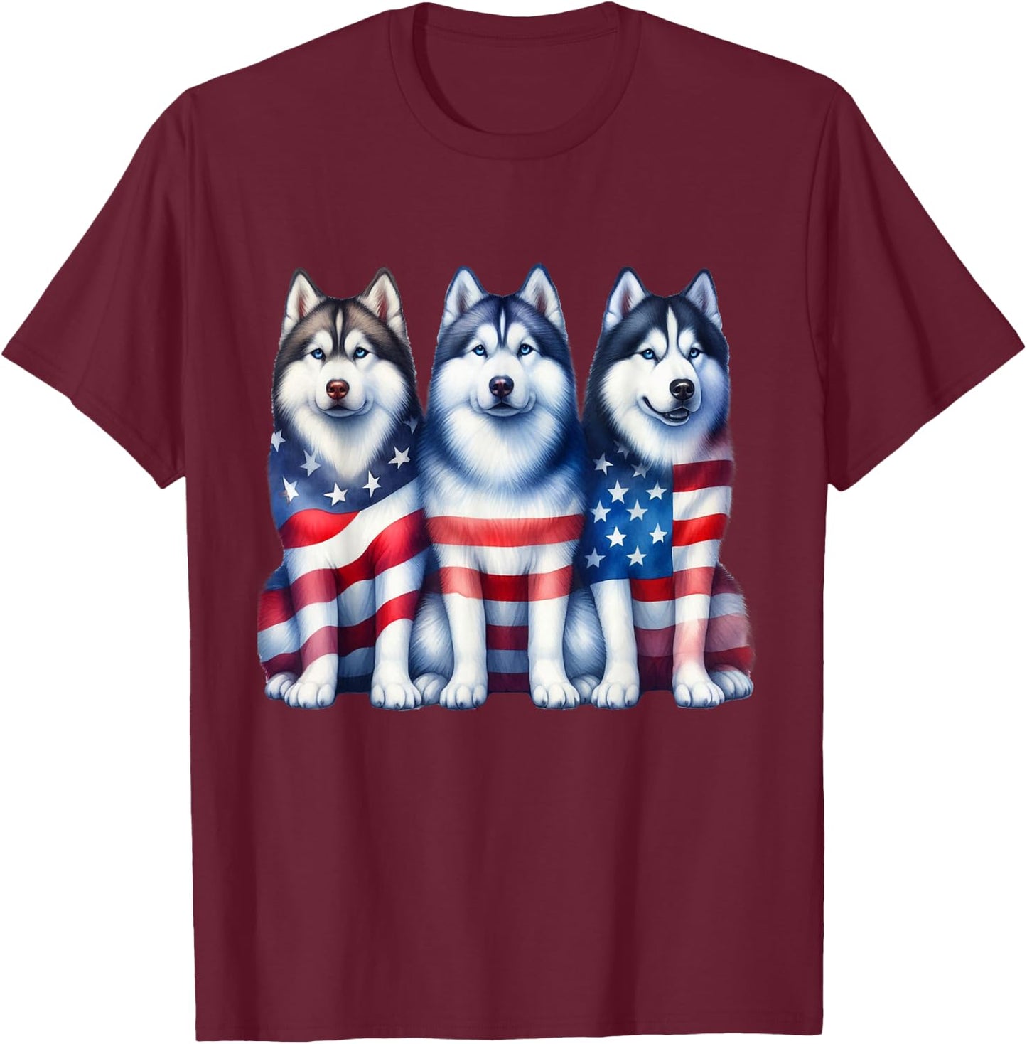 Three Husky Dog American USA Flag 4th of July Dog Lover Women Kids Men T-Shirt - T-Shirt | Maroon
