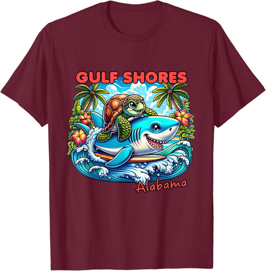Gulf Shores Alabama Beach Turtle and Shark T-Shirt - T-Shirt | Maroon