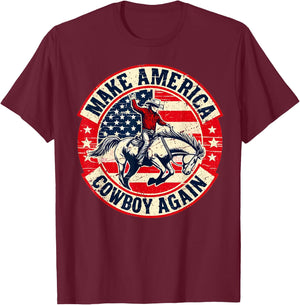 Vintage Western Rodeo USA Flag Makes America A Cowboy Again T-Shirt - T-Shirt | Maroon