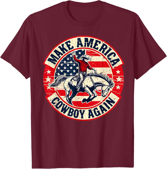 Vintage Western Rodeo USA Flag Makes America A Cowboy Again T-Shirt - T-Shirt | Maroon