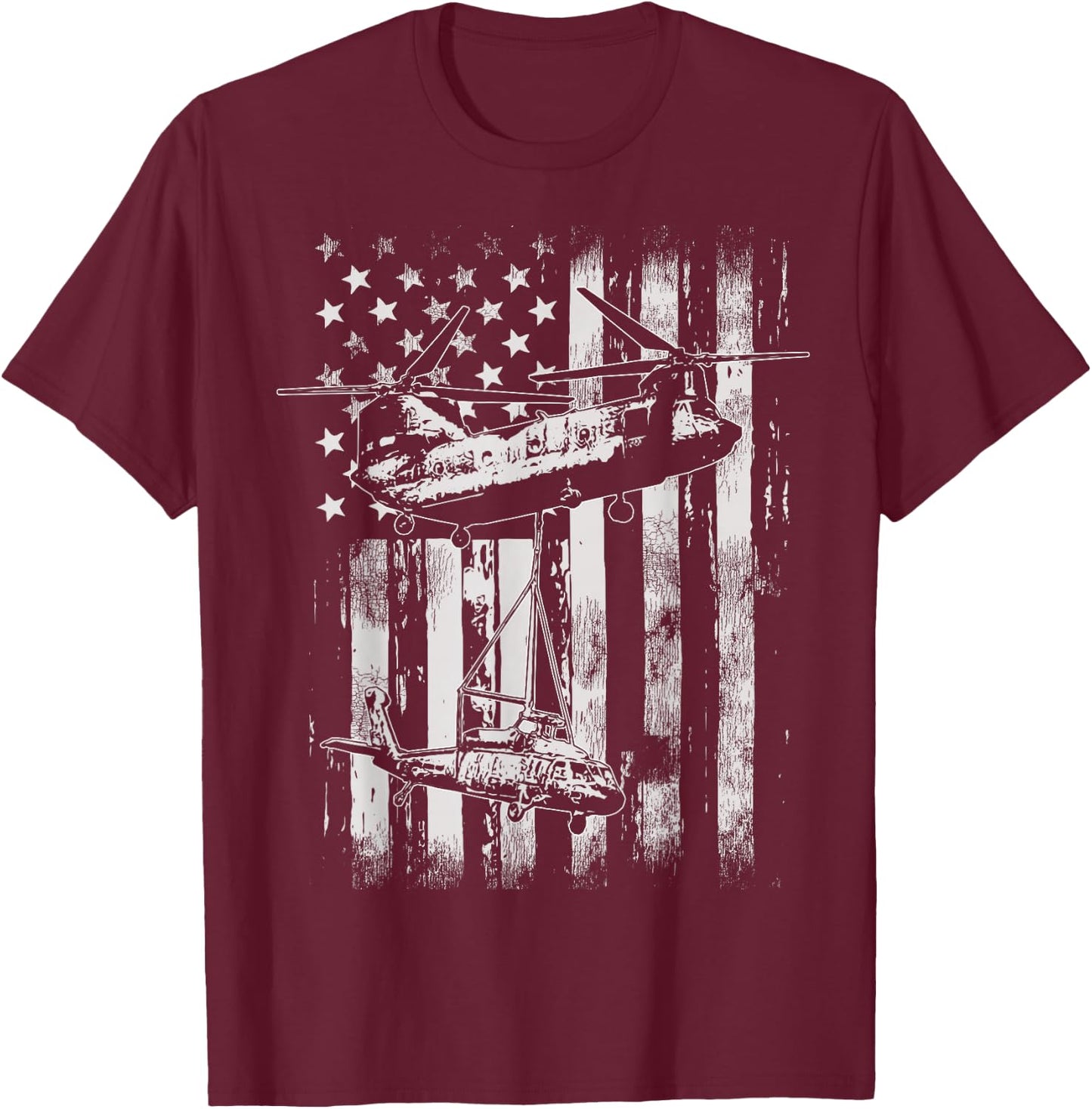 Vintage Chinook Helicopter American Flag T-Shirt - T-Shirt | Maroon