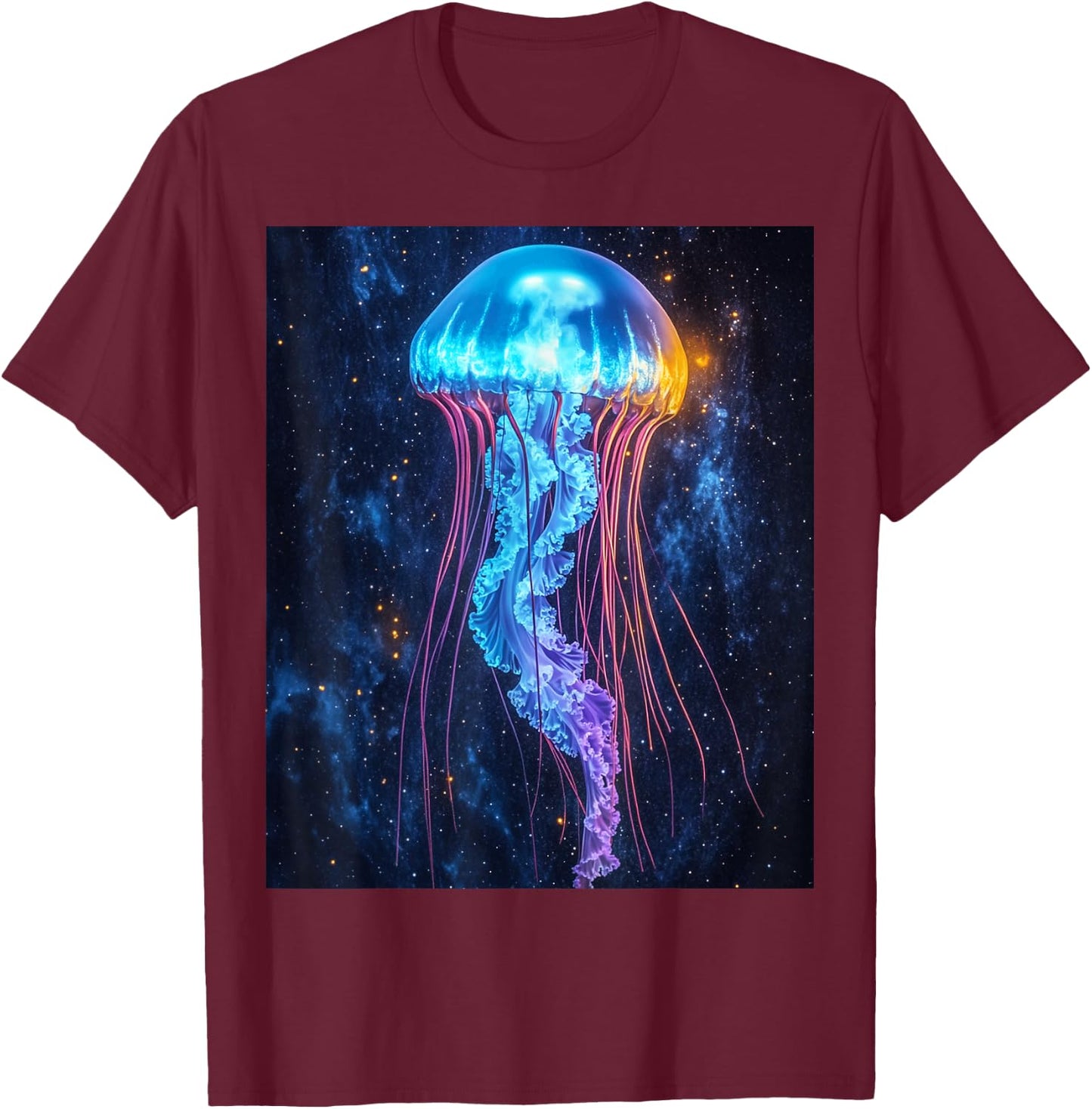 Cosmic Jellyfish Bioluminescent Art T-Shirt - T-Shirt | Maroon