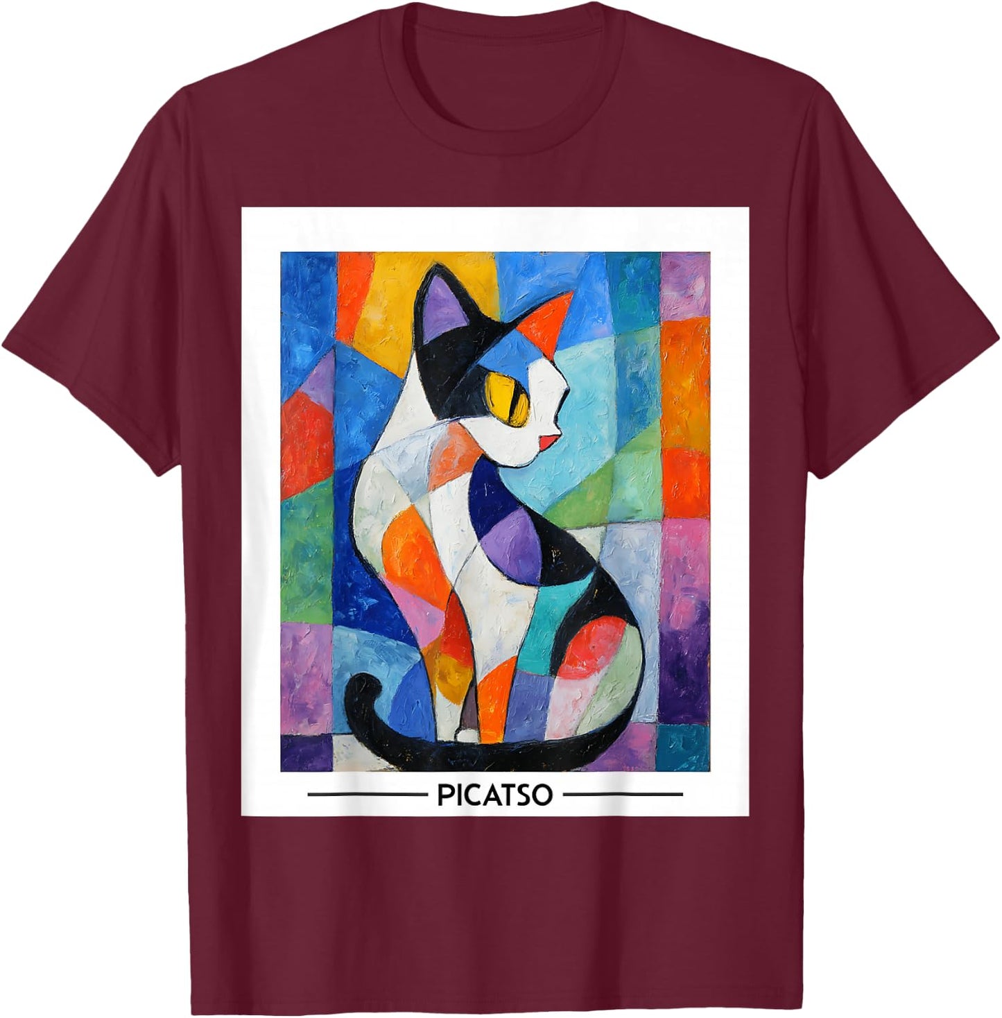 Abstract Cubist Cat Art Design -- Bold Colorful Picatso Gato T-Shirt - T-Shirt | Maroon