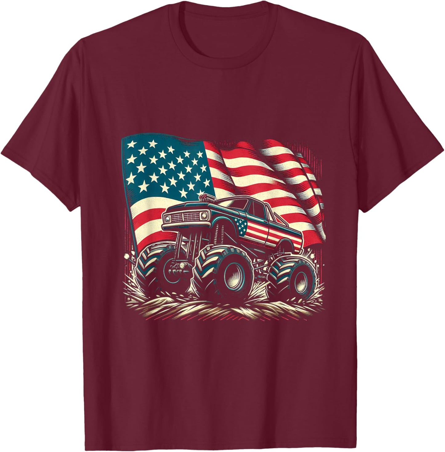 Patriotic USA Monster Truck Adult T-Shirt - T-Shirt | Maroon