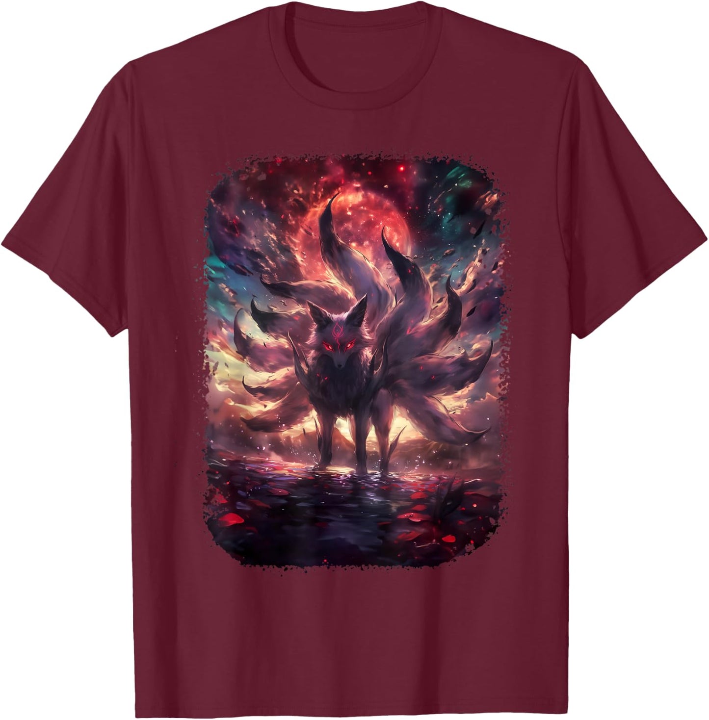 Anime Kitsune Nine-Tailed Fox Manga Otaku Style T-Shirt - T-Shirt | Maroon
