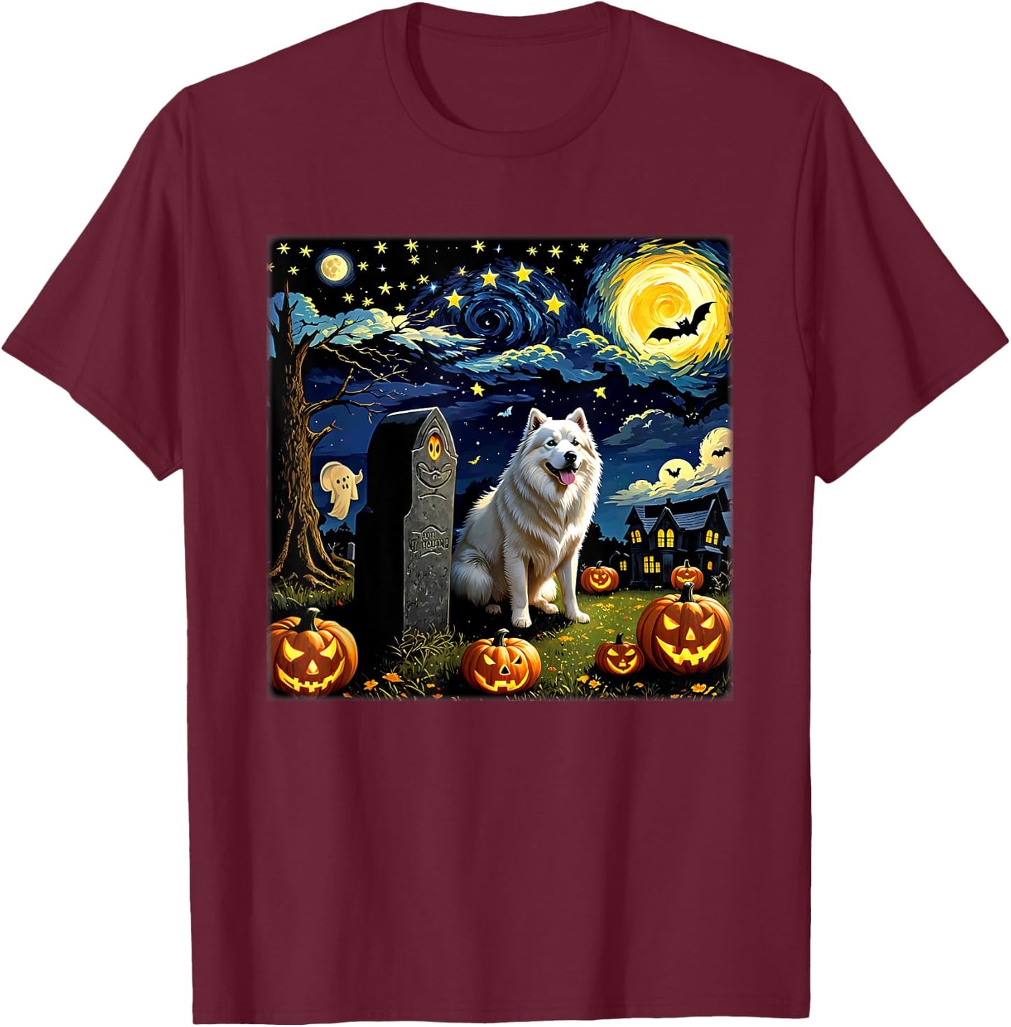 Spooky Halloween Samoyed Dog Starry Night Women Kids T-Shirt - T-Shirt | Maroon