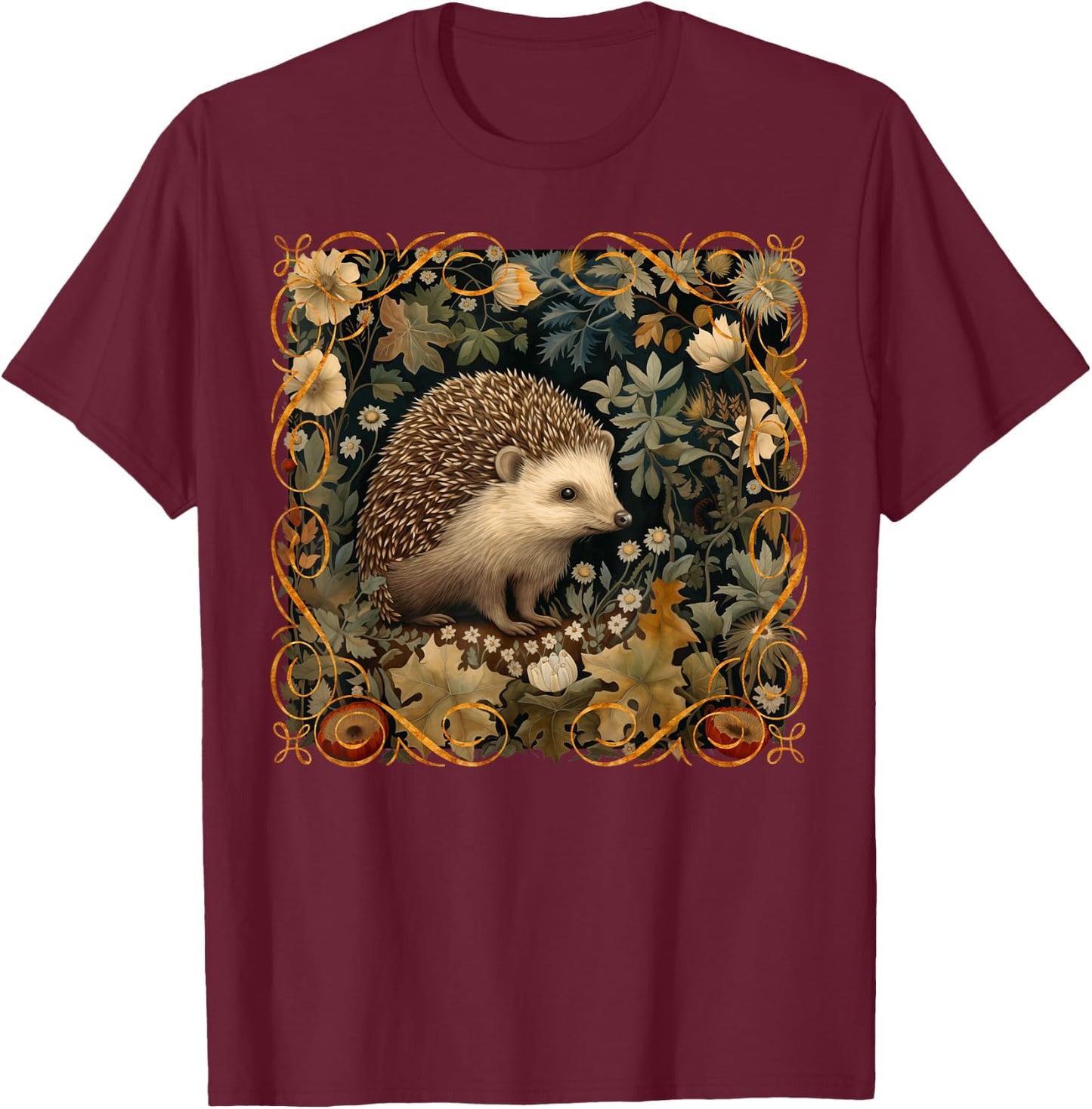 Hedgehog in a Forest William Morris Style T-Shirt - T-Shirt | Maroon