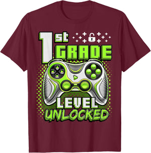 Back to School 1st Grade Boys Gamer First Day School Level T-Shirt - T-Shirt | Maroon
