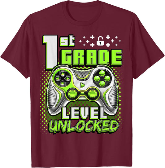 Back to School 1st Grade Boys Gamer First Day School Level T-Shirt - T-Shirt | Maroon