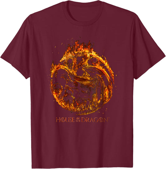House of The Dragon Burning Targaryen Sigil T-Shirt - T-Shirt | Maroon