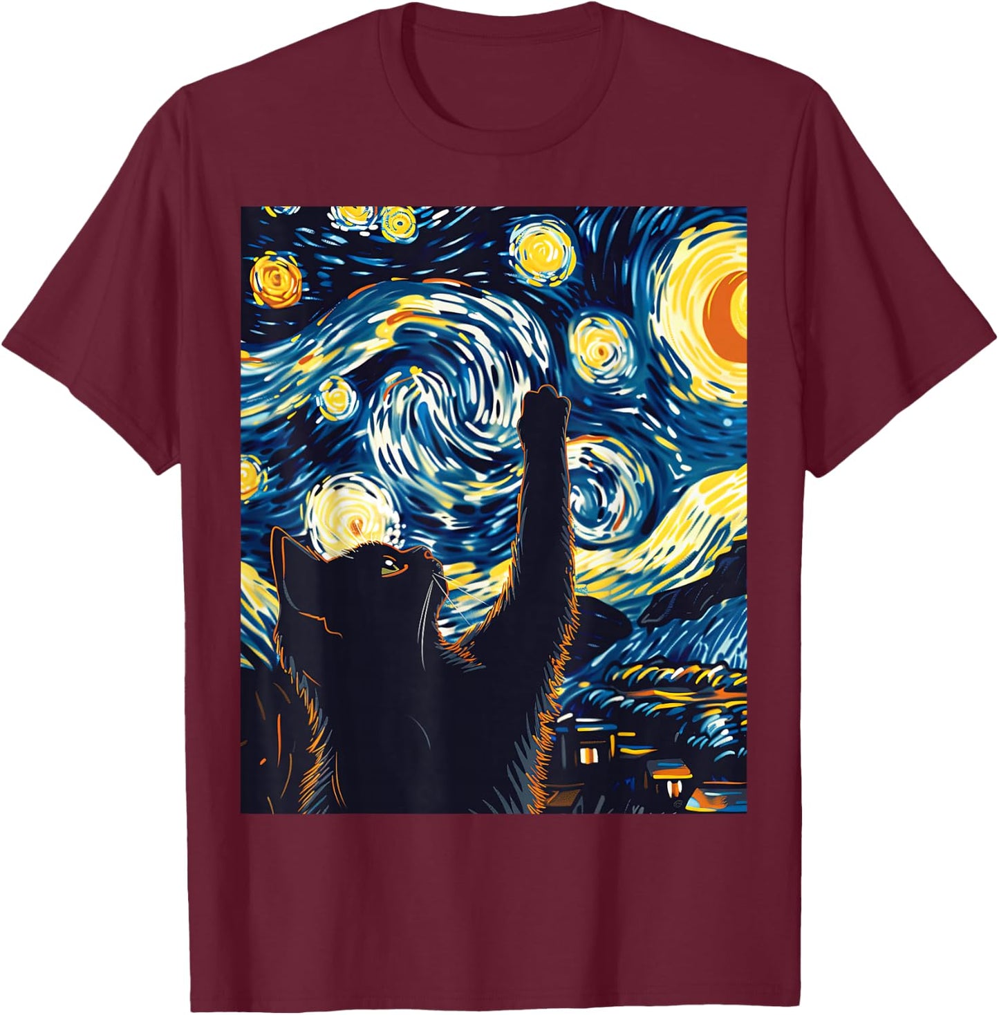 Cute Cat Van Gogh Style Starry Night Art T-Shirt - T-Shirt | Maroon