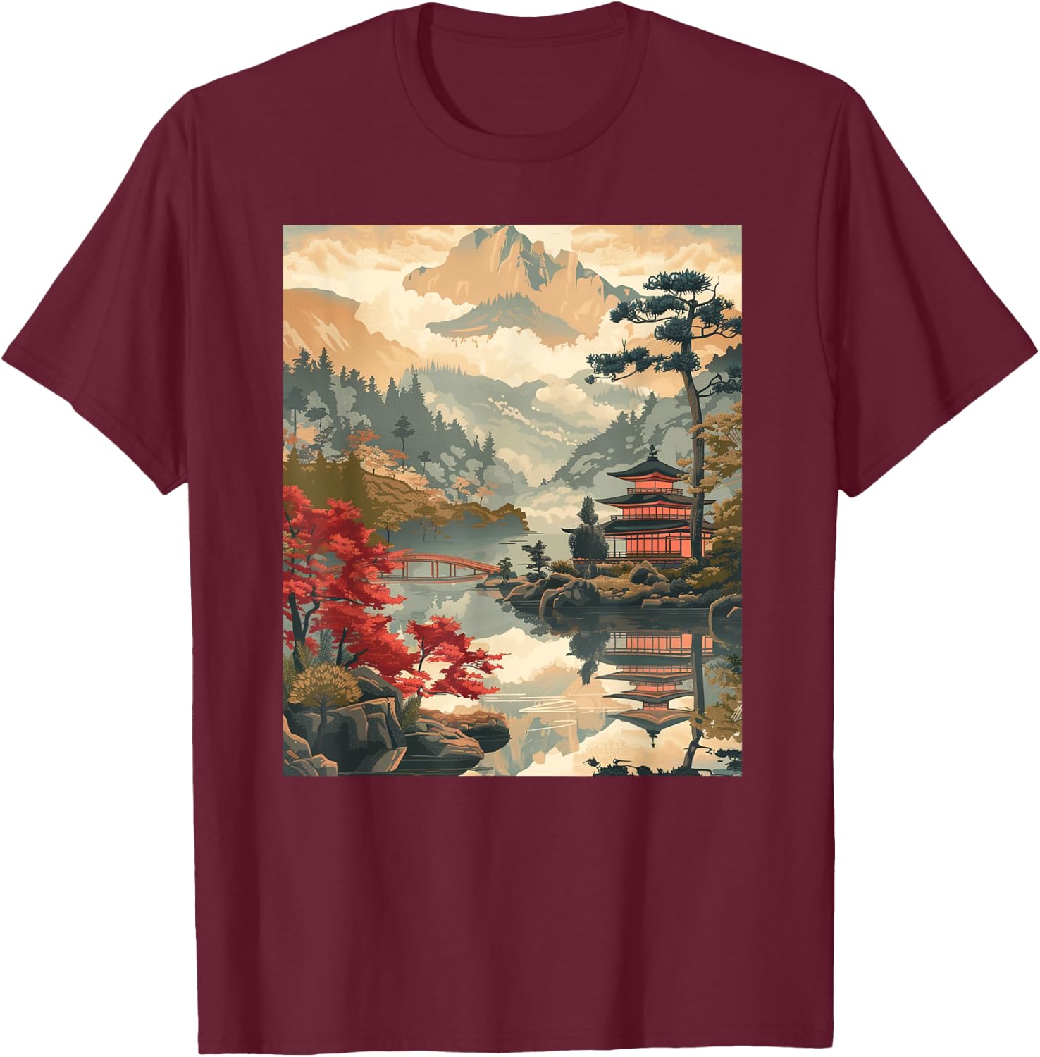 Vintage Woodblock Japanese Graphical Art T-Shirt - T-Shirt | Maroon