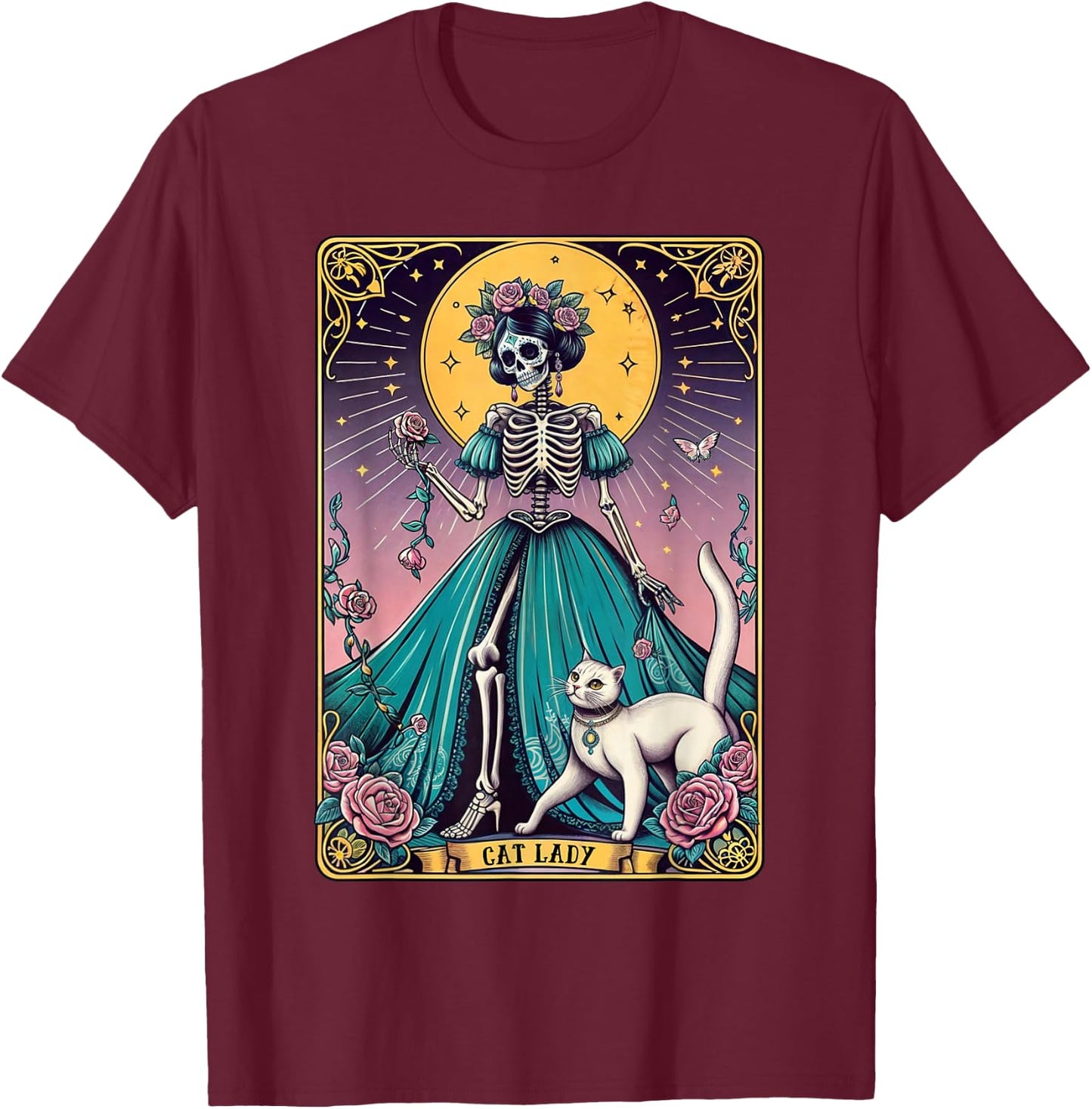 Cat Lady Tarot Card Skeleton Woman Funny Cat Lover T-Shirt - T-Shirt | Maroon