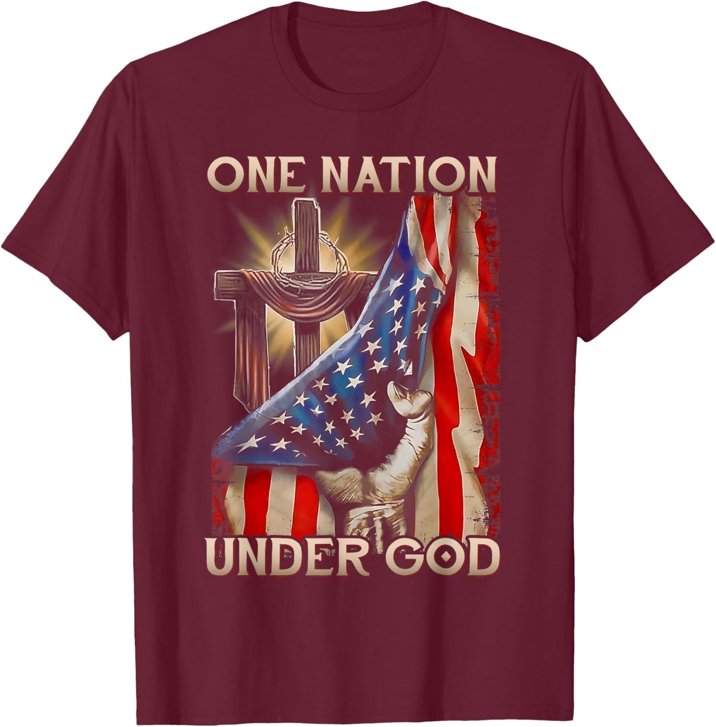 One Nation Under God US Flag 4th Of July Patriotic Christian T-Shirt - T-Shirt | Maroon