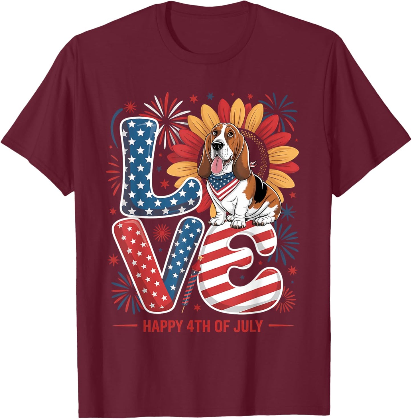 Funny Love Basset Hound Dog USA Flag Patriotic 4th Of July Women Kids T-Shirt - T-Shirt | Maroon
