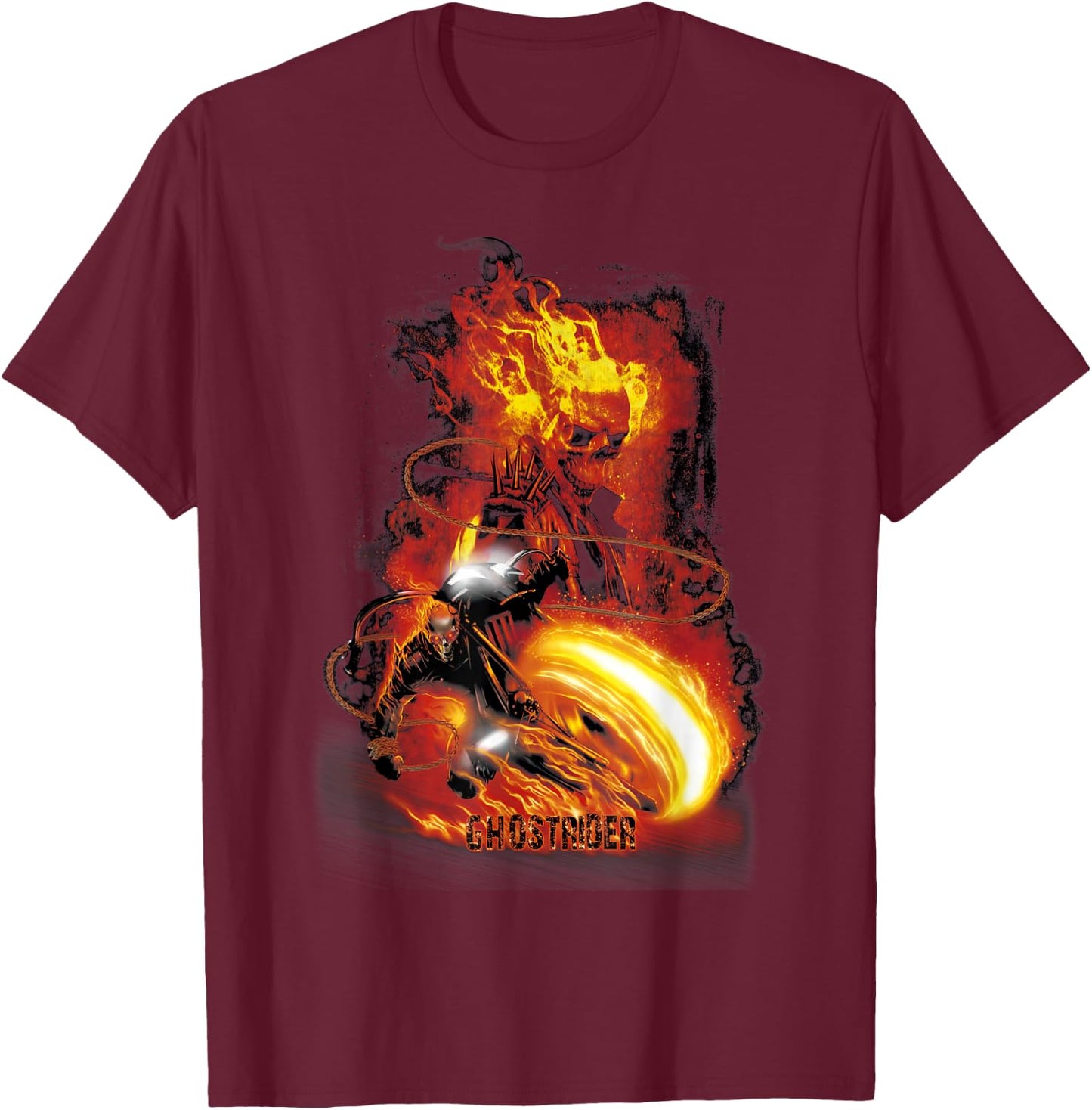 Marvel Ghost Rider Fire & Fury Motorcycle Flames T-Shirt - T-Shirt | Maroon