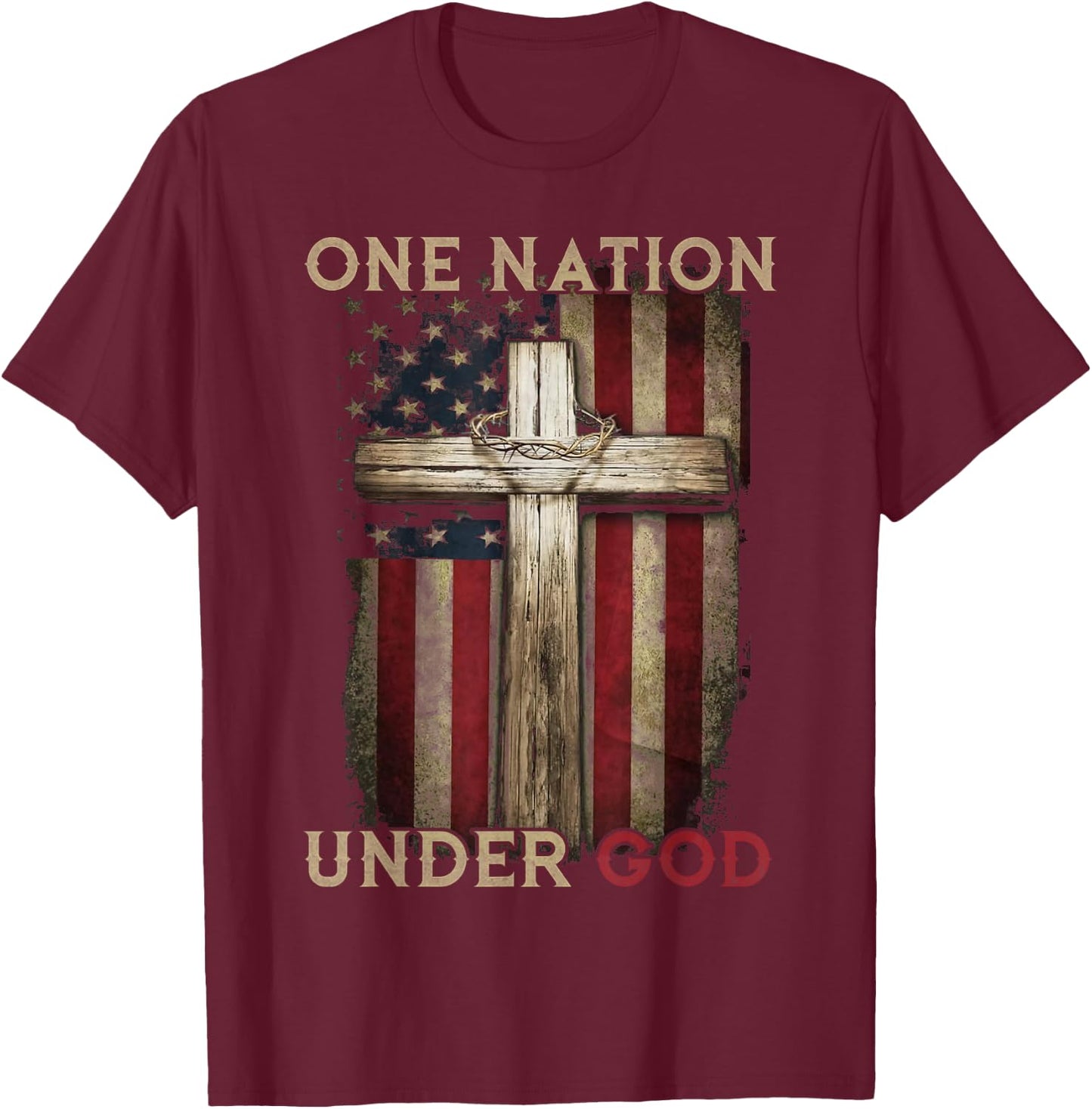 One Nation Under God US Flag 4th Of July Patriotic Christian T-Shirt - T-Shirt | Maroon