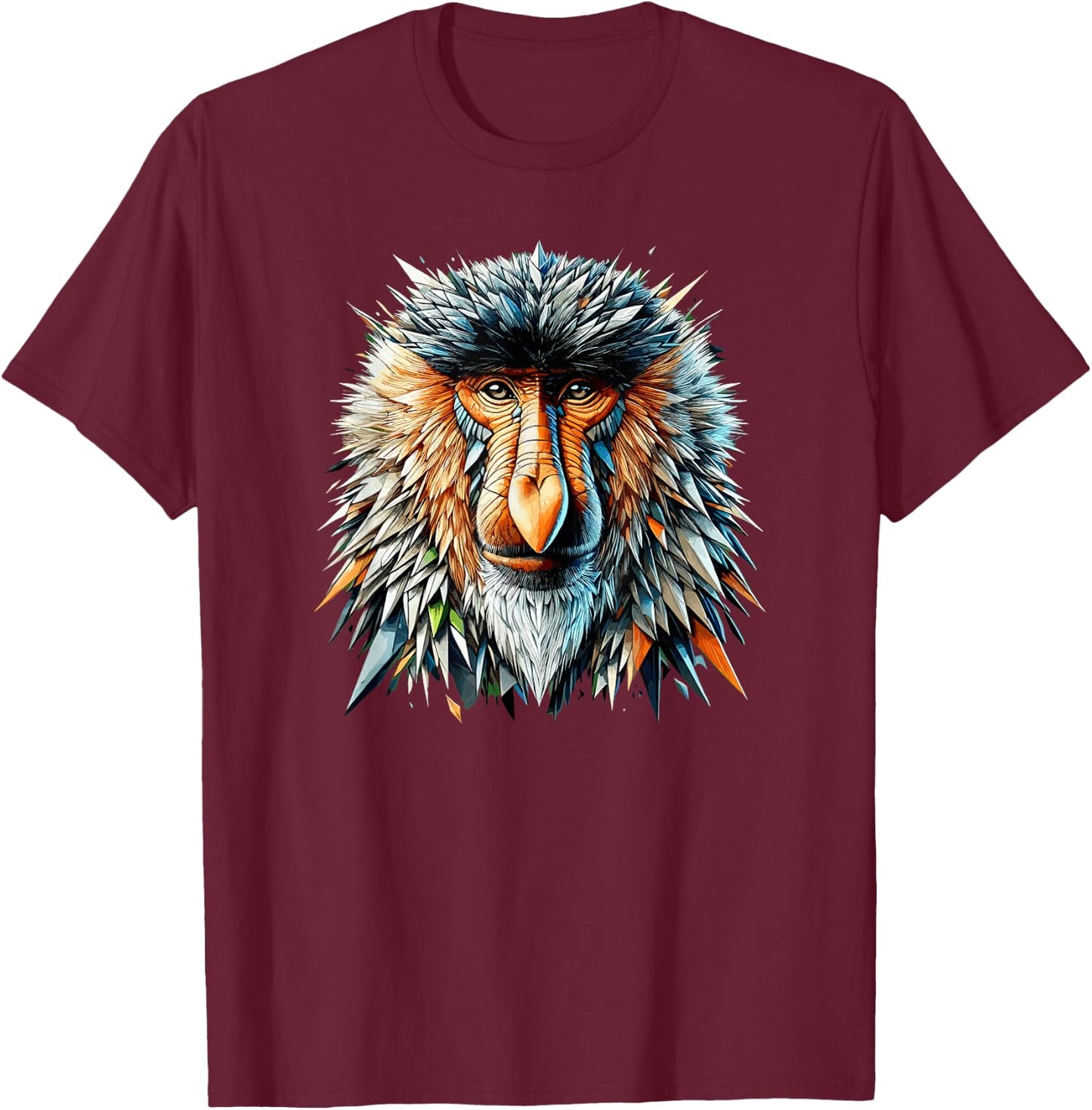 Polygon Art Proboscis Monkey Long-Nosed Monkey T-Shirt - T-Shirt | Maroon